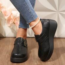 Women's Leather Thick Sole Wedge Loafers With Metal Square Buckle Decor, Round Toe, Comfortable Slip-On Casual Shoes For Home - Black - View 5