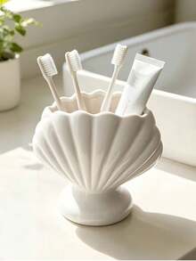1pc Shell Pattern Tall Toothbrush Holder, Bathroom Sink Toothbrush And Toothpaste Storage Organizer, Multi-Functional Desktop Design - Multicolor - View 1
