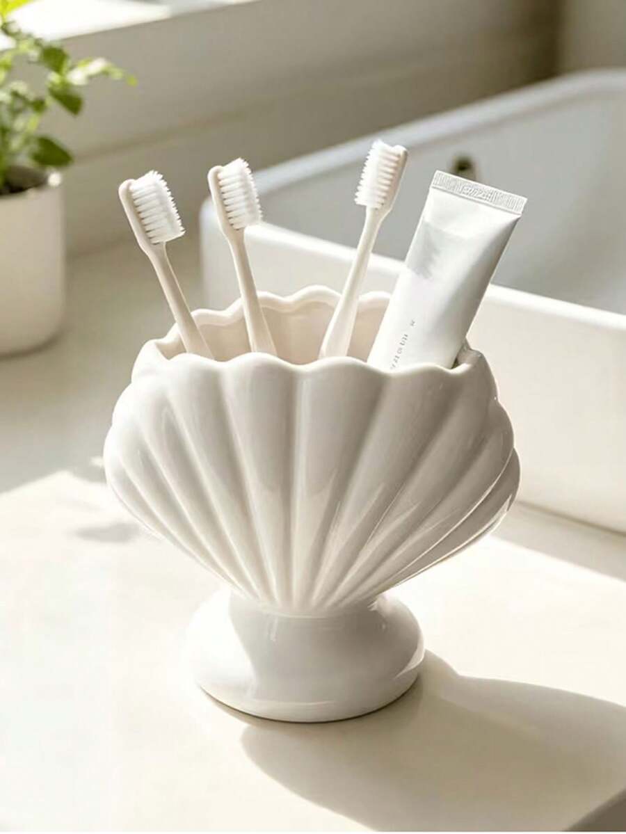 1pc Shell Pattern Tall Toothbrush Holder, Bathroom Sink Toothbrush And Toothpaste Storage Organizer, Multi-Functional Desktop Design - Multicolor - View 1