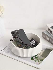 6.89in Large Diameter Vertical Striped Round Basin, Minimalist White Resin Storage Tray, Living Room Decor Ornament, Organizer Dish - Disc - View 2