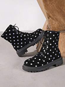 1 Pair Women's New Thick Sole Mid-Calf Boots, Autumn/Winter Retro Polka Dot Fashion Boots - Black - View 2