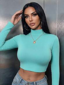 Kaos Wanita Kasual Leher Tinggi Slim Fit Lengan Panjang Pendek untuk Sehari-hari, Pakaian Musim Gugur dan Musim Dingin, Busana Musim Dingin dan Musim Gugur, untuk Pergi Keluar - Pirus - View 2