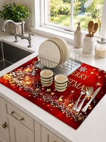 1pc Christmas Text Pattern Diatomaceous Earth Absorbent Drying Mat, Kitchen Countertop Drain Mat, Coffee Machine Mat, Dish Drying Mat, Dining Table Breakfast Mat, Non-Slip Heat Resistant Easy To Clean Hidden Water Stains, Suitable For Kitchen Dining Table Coffee Shop Bar Home Decor Holiday Gift - Multicolor - View 3
