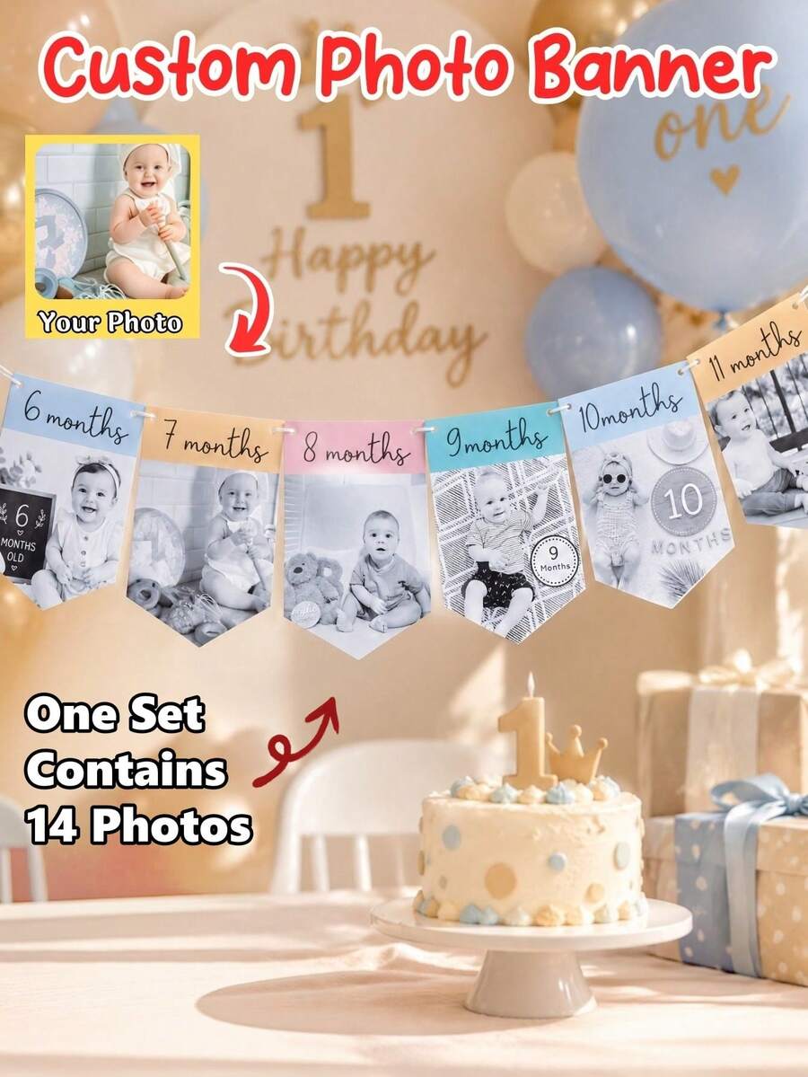 Custom Photo Banner, Personalised 1st Birthday Photo Banner: Baby Monthly Milestone Decoration | Newborn - 12 Months,1 Set Contains 14 Custom Photos,Customizable With Photos And Text; Suitable For Decorating Any Party Or Home & Living Event.