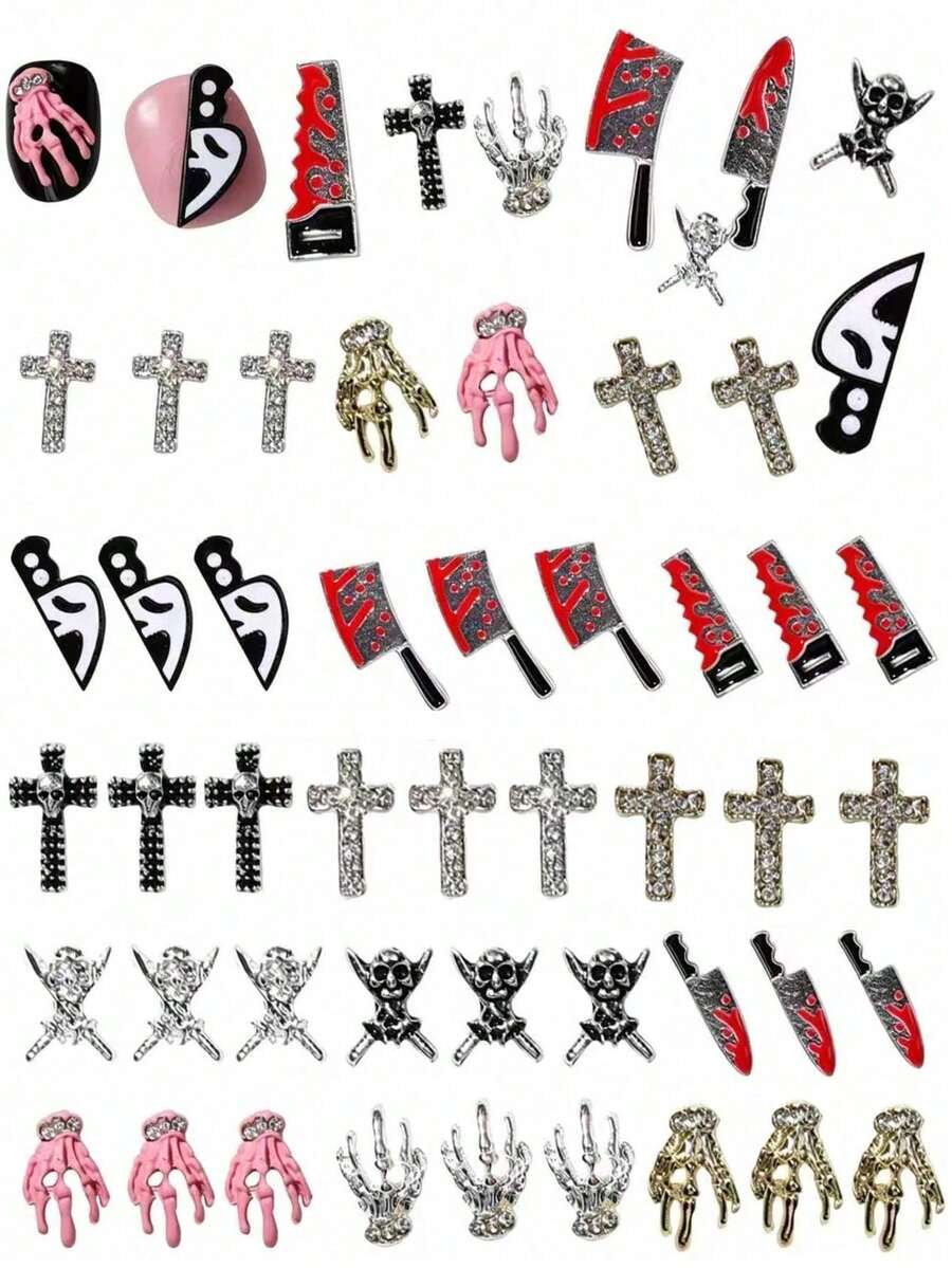 12pcs Halloween Vintage Gothic Nail Art Decorations - 3D Alloy Skull, Skull Head And Cross Design, Rhinestone DIY Nail Decor - Multicolor - View 1