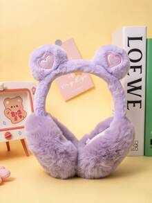 Cute Bear Ear Plush Earmuffs, Shiny Heart Embroidery Winter Warm Foldable Ear Muffs For Girls, Soft Faux Fur Cold Weather Ear Warmer - Multicolor - View 9