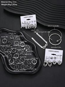 35/47/50/71/87pcs Set Fashionable Minimalist Elegant Bohemian Style Jewelry Set, Including Earrings, Necklaces, Rings, Bracelets With Heart, Twist, Butterfly, Geometric Elements, Wave Patterns, Versatile Daily Wear Accessories, Random Styles - Silver - View 2