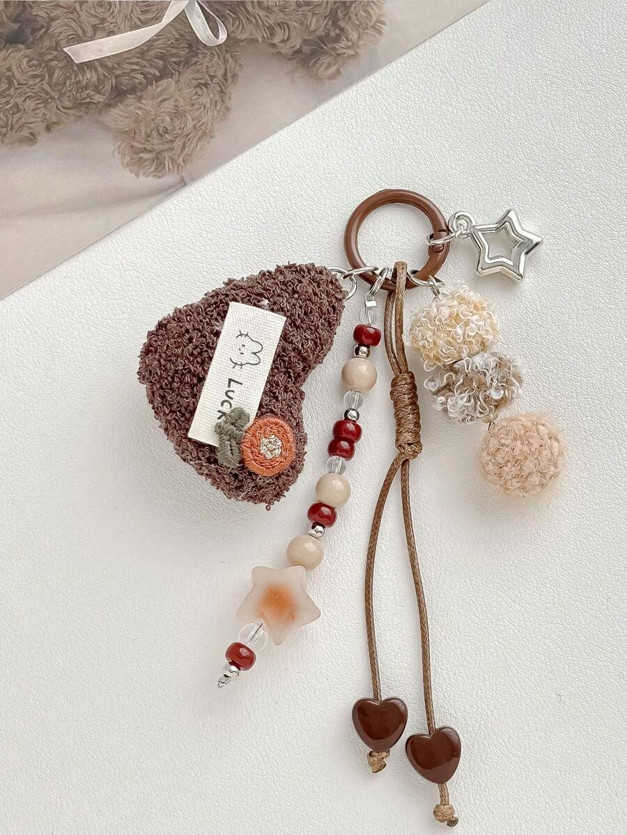 1pc Brown Tone Heart Keychain, Five-Pointed Star Bead Pendant, Vintage Maillard Style Bag Charm - Multicolor - View 1