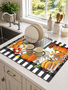 1pc Black & White Plaid Pumpkin Pattern Diatomaceous Earth Absorbent Drying Mat, Kitchen Countertop Draining Pad, Coffee Machine Mat, Bowl & Plate Drying Mat, Dining Table Breakfast Mat, Non-Slip Heat-Resistant Easy To Clean Hidden Water Stains, Suitable For Kitchen, Dining Table, Coffee Shop, Bar, Home Decor, Holiday Gift - Multicolor - View 3