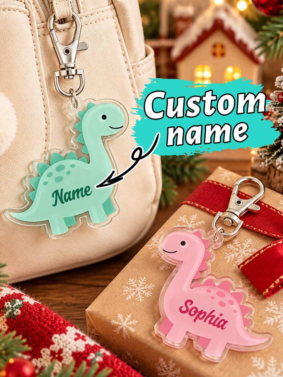 Custom Dinosaur Keychain, Personalized Name Pastel Pink & Mint Dino Bag Charm, Customized Key Chain, Customizable Keychains, Christmas Gift 2026 - Style B - View 1