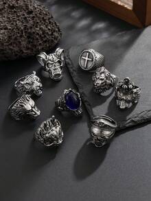 9pcs/Set American Street Punk Style Combination Rings, Niche Design Stackable Finger Rings Accessories For Men's Daily Casual Wear, Gift For Son, Father, Partner - Antique Silver - View 5