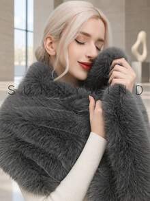 1pc Women's Solid Color Fashion Polyester Faux Fur Shawl, Suitable For Bridal, Evening Party And Autumn/Winter Daily Wear - Dark Grey - View 4