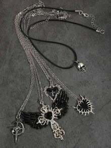 5pcs Vintage Gothic Style Rhinestone Cross Heart Black Wings Angel Wings Cross Skull Heart Cross Necklace Set For Women - Black - View 4