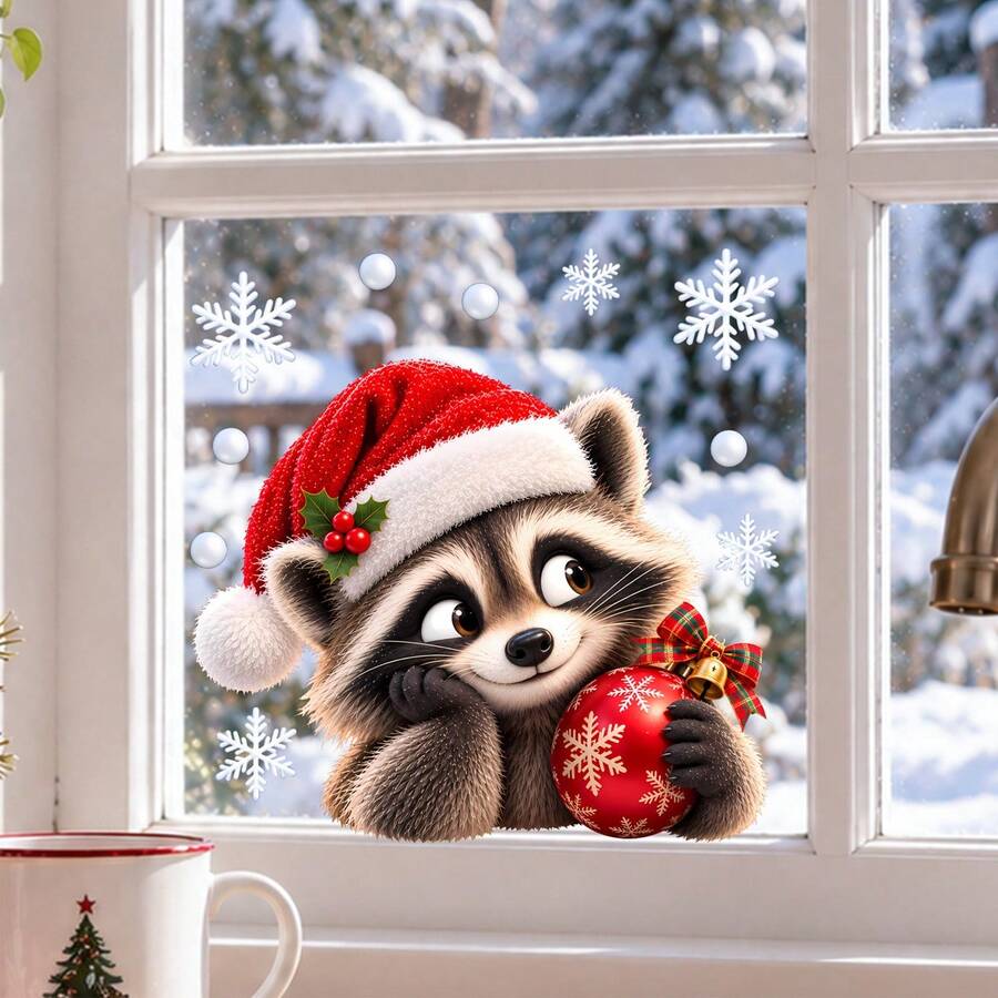 Christmas Raccoon Window Sticker, Cute Raccoon Wearing Christmas Hat And Holding Christmas Ball, Snowflake Static Cling Glass Decal, Holiday Window Decoration - Cute Raccoon - View 1
