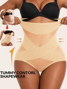 Women's High-Waist Seamless Tummy Control Butt Lifting Shapewear Panties With High-Pressure Cross Mesh Patchwork - Apricot - View 6