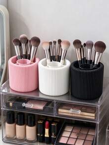 3D Printed Vertical Striped Divided Makeup Brush Holder, 3D Round Decorative Ornament, Multiple Colors Available, Large Capacity Vanity Storage Bucket, Can Hold Eyebrow Pencils And Makeup Brushes, High-Value Desktop Beauty Storage Decor - Multicolor - View 2