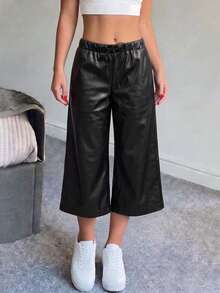 SCARLUX Women's Y2K Black Faux Leather Wide Leg Cropped Pants, Drawstring Elastic Waist, Suitable For Back To School Season Daily Streetwear - Black - View 11