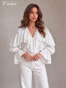 Blus Wanita Vuslat Musim Gugur Model Prancis Lembut Leher V dengan Karet Berkerut dan Lengan Panjang Mengembang, Cocok untuk Kencan, Bepergian, dan Berbelanja - Putih - View 8