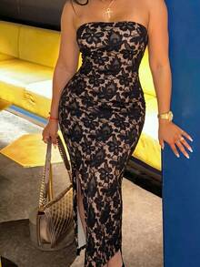Women's Autumn/Winter Strapless Lace Print Fitted Midi Dress, Suitable For Back To School, Halloween, Date, Evening Party, Nightclub - Black - View 9