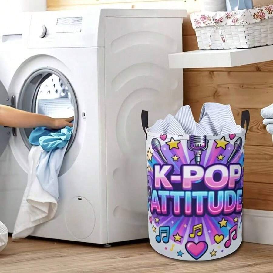 1個 K-POP Attitude 印花圓形收納籃,附手柄,可折疊布製收納桶,居家衣物雜物收納容器 - 紫羅蘭色 - 查看 1