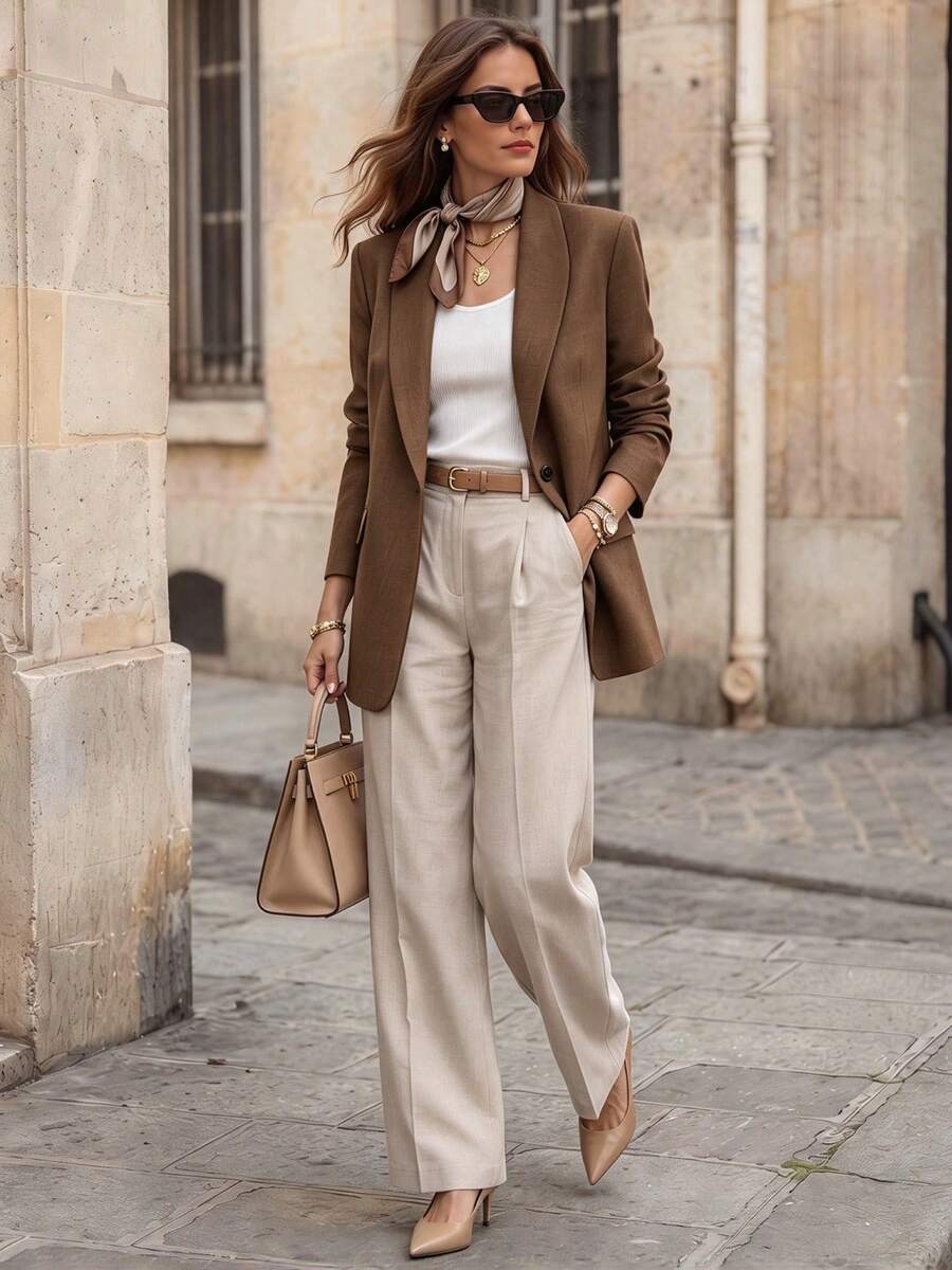Women's Minimalist Elegant Two-Tone Brown Long Sleeve Casual Blazer, Suitable For Autumn Daily Office And Outdoor Wear - Brown - View 1