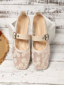 2026 Spring/Summer New Mesh Breathable Women's Square Toe Flat Ballet Shoes Beach Elegant Fashion Vacation Neutral - Apricot - View 4