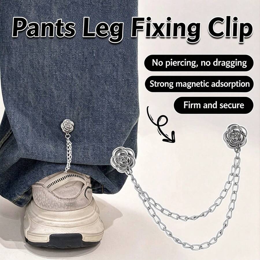 2pcs Camellia Magnetic Chain Clothes Fastener, No Punch Sleeve Shortening Buckle, Pants Leg Anti-Dragging Fixed Clip, Reusable Clothing Decorative Magnet Clips For Shirt Jeans