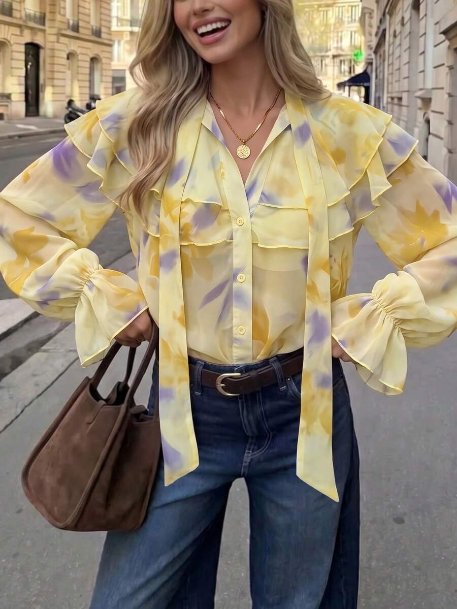 Blusa de mujer de gasa con estampado floral amarillo, cuello en V con volantes, manga larga, botones delanteros, camisa elegante y casual para ir al trabajo y vacaciones - Amarillo Mostaza - Ver 1