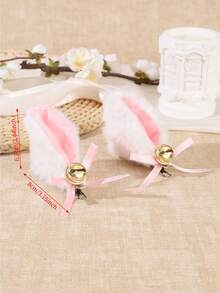 2pcs Cute Plush Cat Ear Hair Clips, White Fluffy Cat Ear Headband With Pink Ribbon And Gold Bell, Halloween Party Anime Cosplay Hair Accessory - Multicolor - View 6