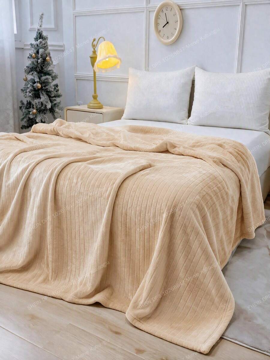1pc Ribbed Corduroy Textured Shiny Plush Fleece Throw Blanket Soft Fluffy Warm Microfibre Wellsoft Cosy Blanket For Bedroom Living Room Sofa Couch Bed All Seasons Home Decor Gift - Beige - View 1