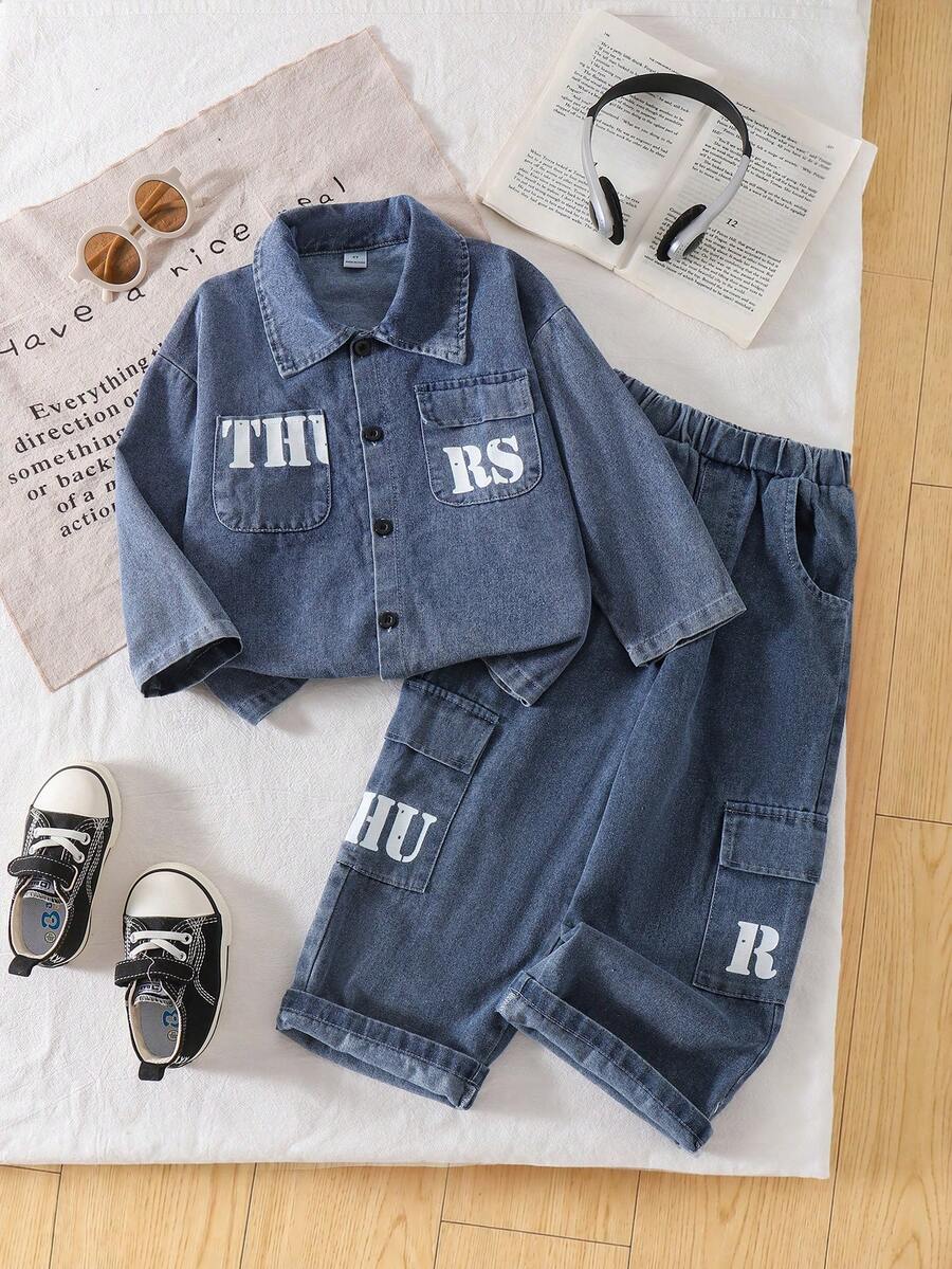 2pcs/Set Boys Blue Casual Style Pocket Letter Decor Long Sleeve Shirt, Cargo Pants, Spring/Autumn, Suitable For Daily Wear, Birthday Party, Outdoor Activities - Blue - View 1