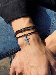 1pc Multi-Layer Braided Minimalist Men's Fashion Personalized Black Bracelet Wristband - Black - View 4