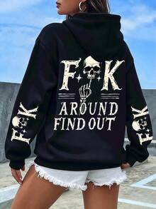 Women's Y2K Skull Print Drawstring Hoodie Pullover, With Drawstring Long Sleeve Kangaroo Pocket Design, Suitable For Autumn Fashion Streetwear - Black - View 1