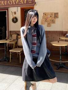 Y6Y Contrast Gray Ribbon Design 2026 Autumn/Winter New College Style Soft Fluffy Youthful Loose Knit Long Sleeve Women's Sweater - Grey - View 1