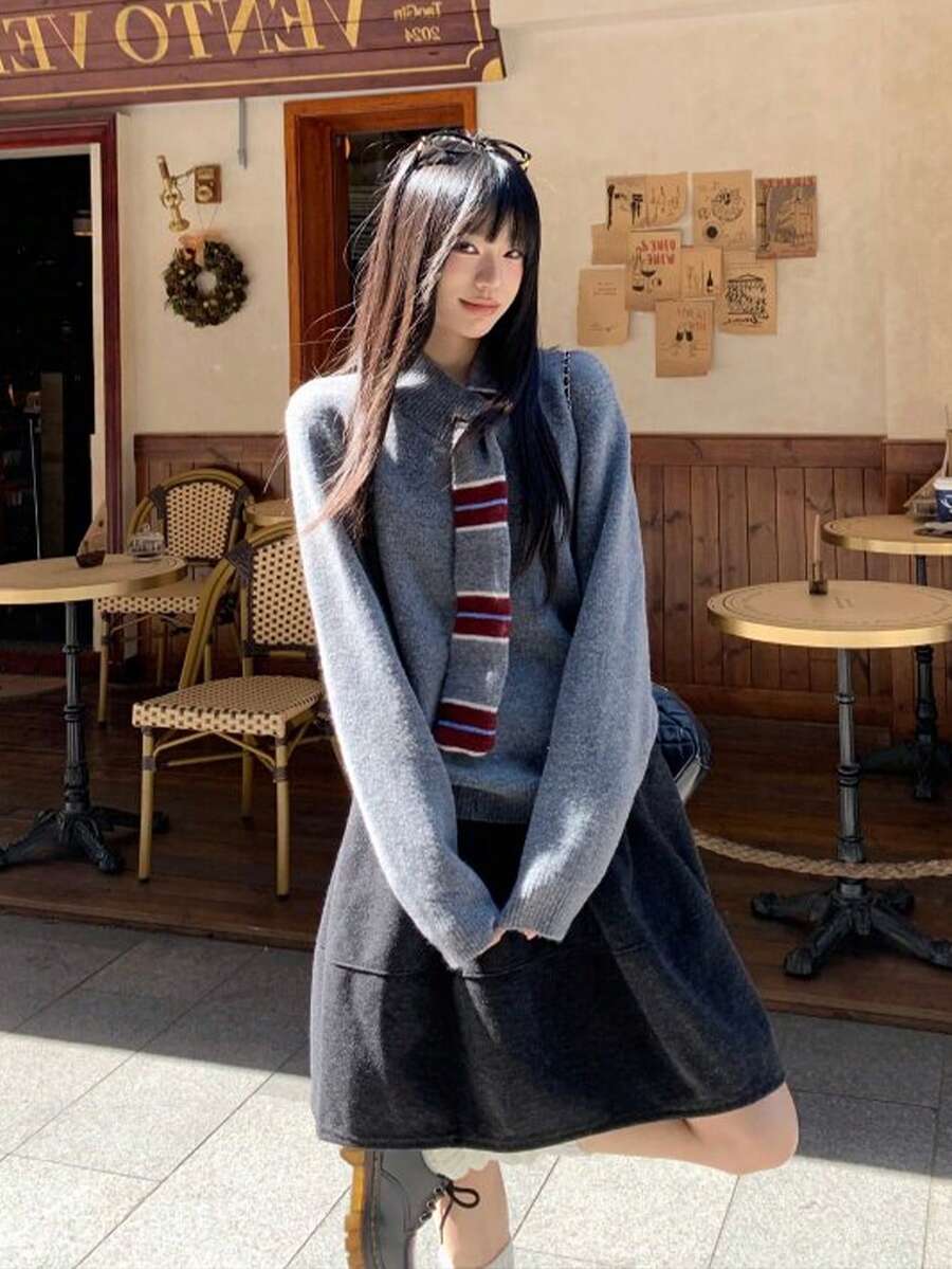 Y6Y Contrast Gray Ribbon Design 2026 Autumn/Winter New College Style Soft Fluffy Youthful Loose Knit Long Sleeve Women's Sweater - Grey - View 1