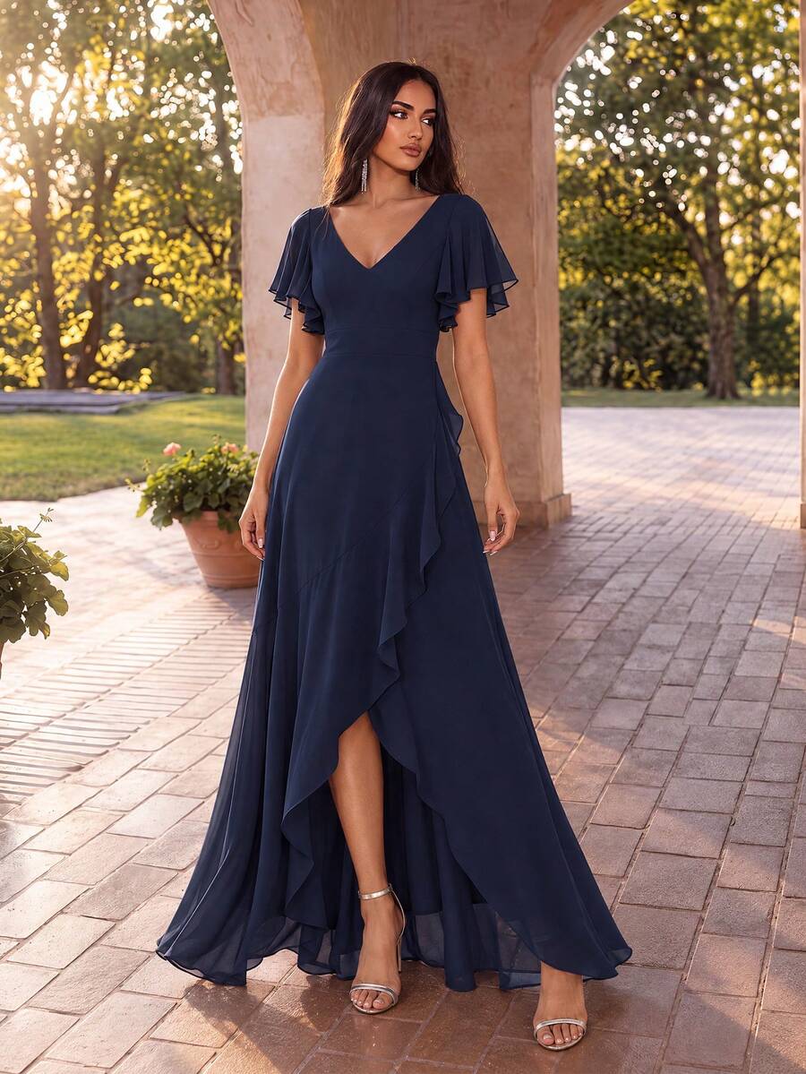 Butterfly Sleeve Ruffle Trim Wrap Hem Chiffon Bridesmaid Dress Elegant Dress - Navy Blue - View 1