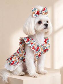 1pc Dog & Cat Mesh Wedding Dress With Bow, Cute Fashionable Elegant Charming Creative Personalized Design Printed Pet Dress - Multicolor - View 4