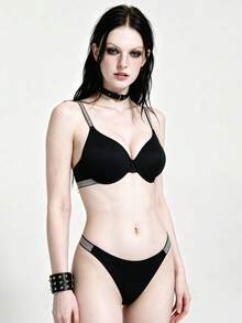 Lounge Court 1 Set Women's Ribbed Comfortable Underwire Bra And Thong Panty Set - Black - View 3