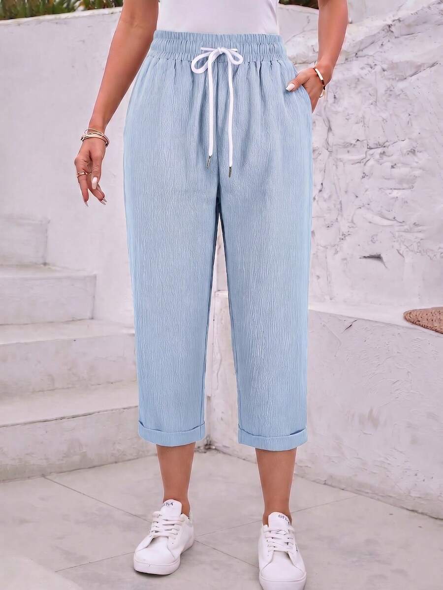 Jisfaneya Women's Solid-Color Lace-Up Pocket Casual Cropped Pants Summer - Blue - View 1