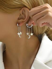 1 Pair Minimalist Metal Star & Moon Tassel Long Earrings For Women, Daily Commute, Date, Vacation, Atmospheric Jewelry - Multicolor - View 5