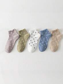 5/1 Pasang/Set Kaos Kaki Pendek Wanita Motif Hati & Pita dengan Hiasan Ruffle, Bernapas & Nyaman, Cocok untuk Semua Musim - MultiWarna - View 4