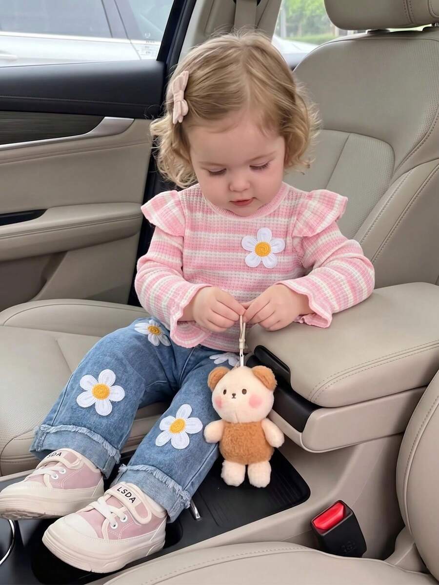 2pcs Baby Girl Comfortable Soft Striped Cap Sleeve Top & 3D Floral Denim Long Pants Set, Spring/Autumn - Pink - View 1