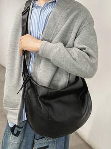 Minimalist Solid Color Large Capacity Crossbody Bag With Casual Pleated Design Tote Bag, Cold Casual Style Versatile Shoulder Bag Suitable For Daily Commute, Walking, Travel And Carrying - Black - View 3