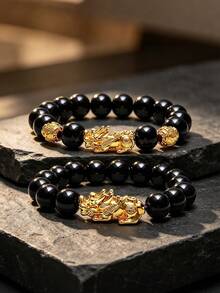 1pc Vintage Pixiu Beaded Bracelet, Suitable For Holiday Gift, Daily Versatile Accessory - Black - View 1