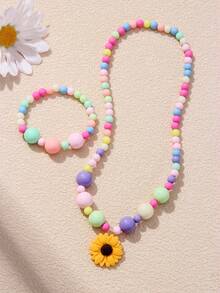 2Pcs Girls Flower Beaded Necklace Bracelet Set Random Color Kids Birthday Party Gift - Multicolor - View 16