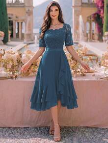 MIUSOL Boat Neck Floral Lace Patchwork Ruffle Hem Cocktail Party Wedding Guest Dress - Dusty Blue - View 2