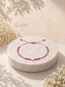1PC Bohemian Minimalist Summer, Faux Pearl Beaded Bracelet, Adjustable Drawstring Friendship Bracelet, Birthday Gift - Multicolor - View 2