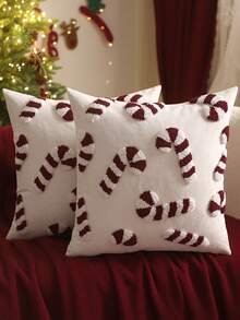 1pc/2pcs Christmas Decorative Pillow Cover, Flocked Canvas Candy Cane Design, Winter Sofa Living Room Bedroom Home Decor Party Holiday Gift - White - View 9