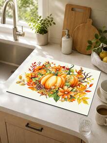 1pc Maple Leaf & Pumpkin Pattern Diatomaceous Earth Absorbent Drying Mat, Kitchen Countertop Drain Mat, Coffee Machine Mat, Dish Drying Mat, Dining Table Breakfast Mat, Non-Slip Heat Resistant, Easy To Clean, Hides Water Stains, Suitable For Kitchen, Dining Table, Coffee Shop, Bar, Home Decor, Holiday Gift - Multicolor - View 6