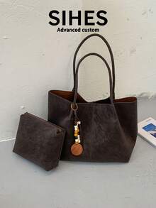 1pc Solid Color PU Leather New Women's Bag, Shoulder Bag, Fashion Large Capacity Tote Bag, Magnetic Closure, Dual Handles, Suitable For Commuting, Shopping, Dating, - Coffee - View 9